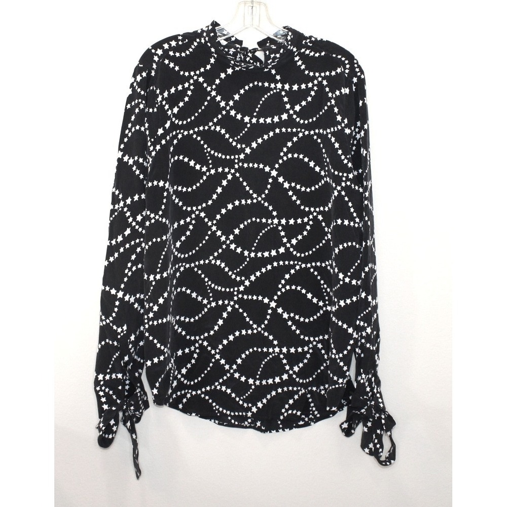 Equipment Femme black silk blouse L white star print tie long sleeve patriotic